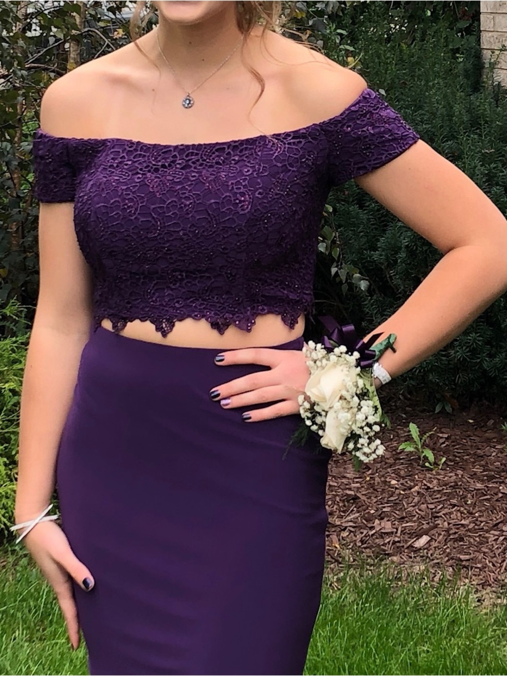 Alyce Paris Off-Shoulder Purple Lace Two-Piece Dress